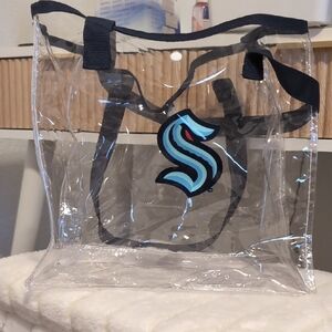 Clear Tote Bag with Blue and Black Logo